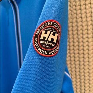 Helly Hansen Men's Blue Zip-Up Workwear Sweater with Red-Trim Patch